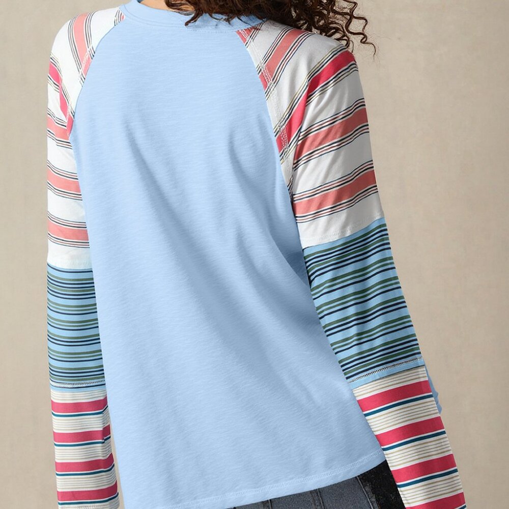 B354 Pink Color Block Round Neck Exposed Seam Patchwork Striped Long Sleeve Top - Picture 2 of 11